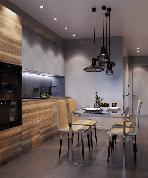 Modern looking dining room with grey ceramic tiles