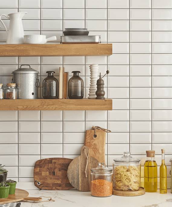 Kitchen cabinetry with ceramic tiles wall