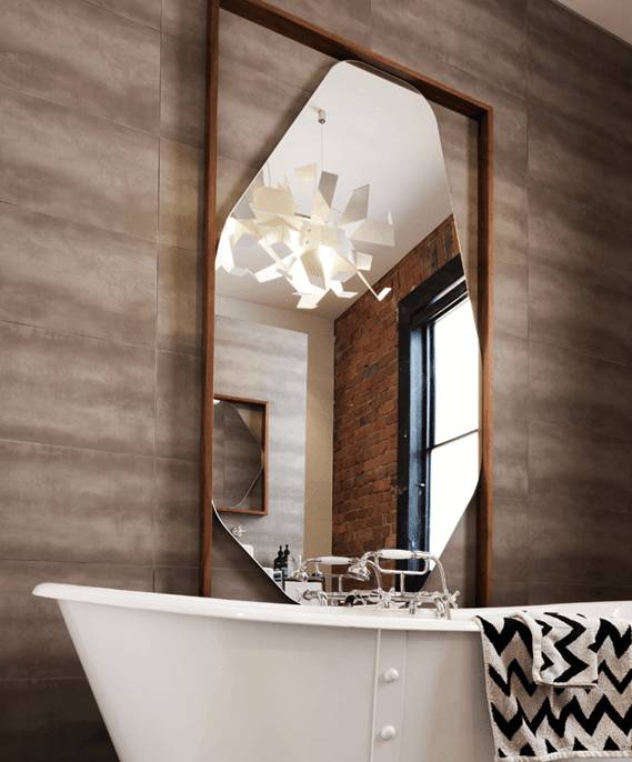 Bathroom mirror with porcelain tiles in wall