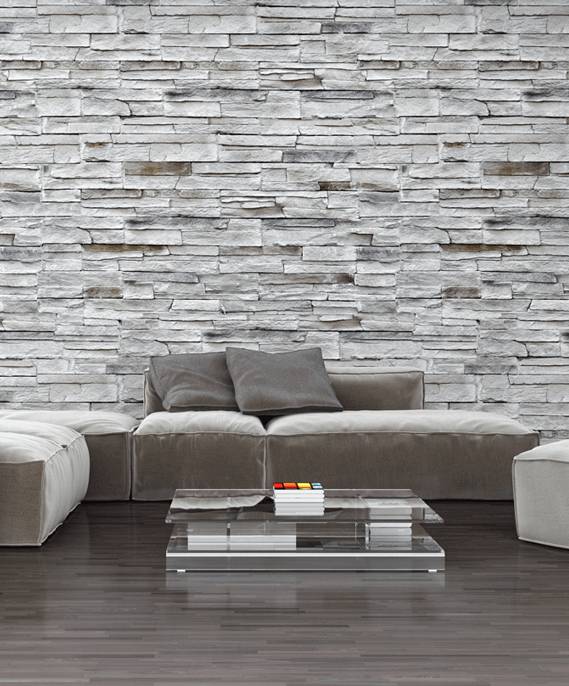 Modern living room with natural stone wall