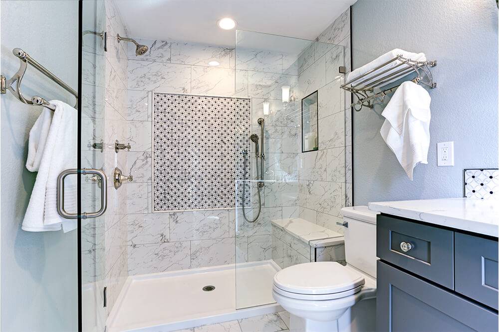 Walk in shower with bold accents