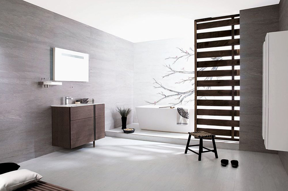 a bathroom with a sink, mirror, and a stool, ceramic flooring