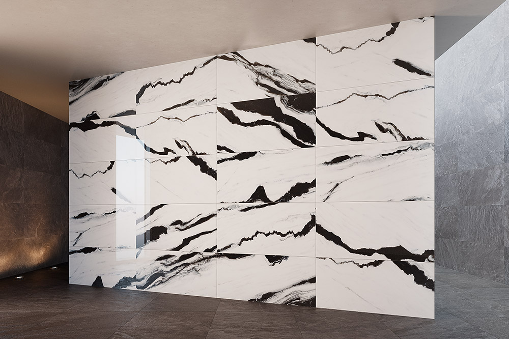 White porcelain tile wall with black streaks