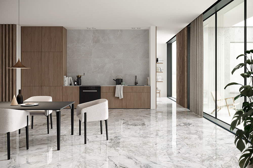 a dining room with a marble floor and walls