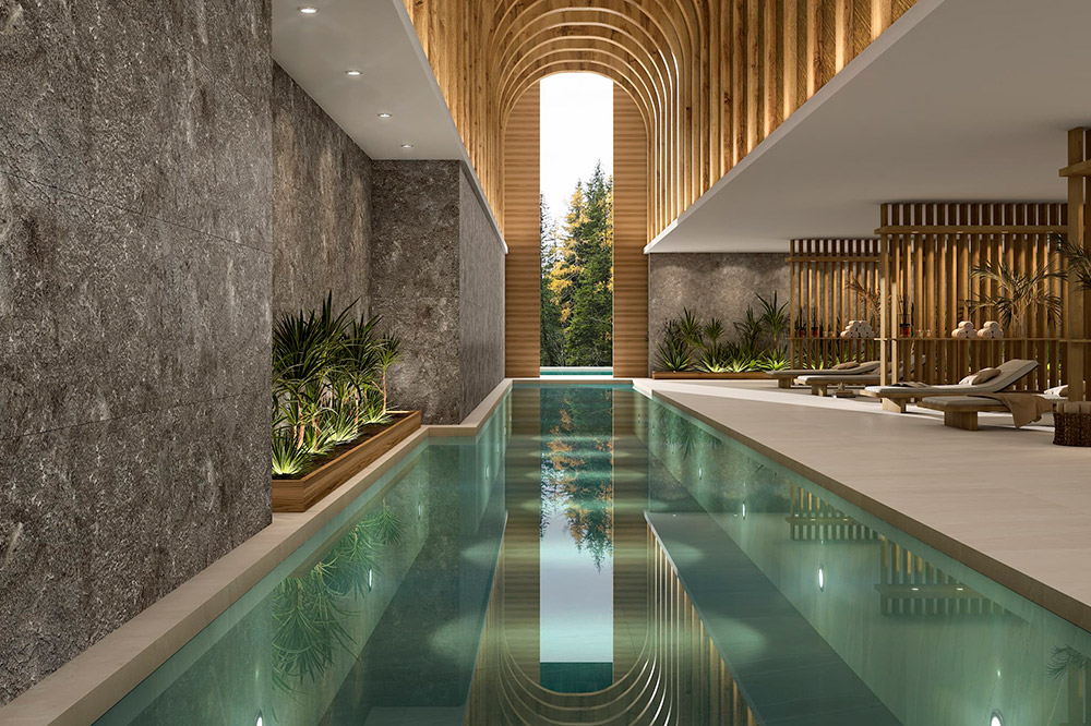 an indoor swimming pool in a modern building, slate flooring in the pool