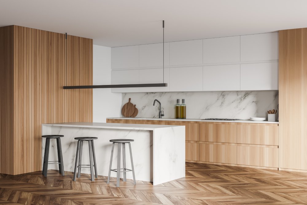 Corner of modern kitchen with white and wooden walls, wooden floor and bar counter with stools. 3d rendering